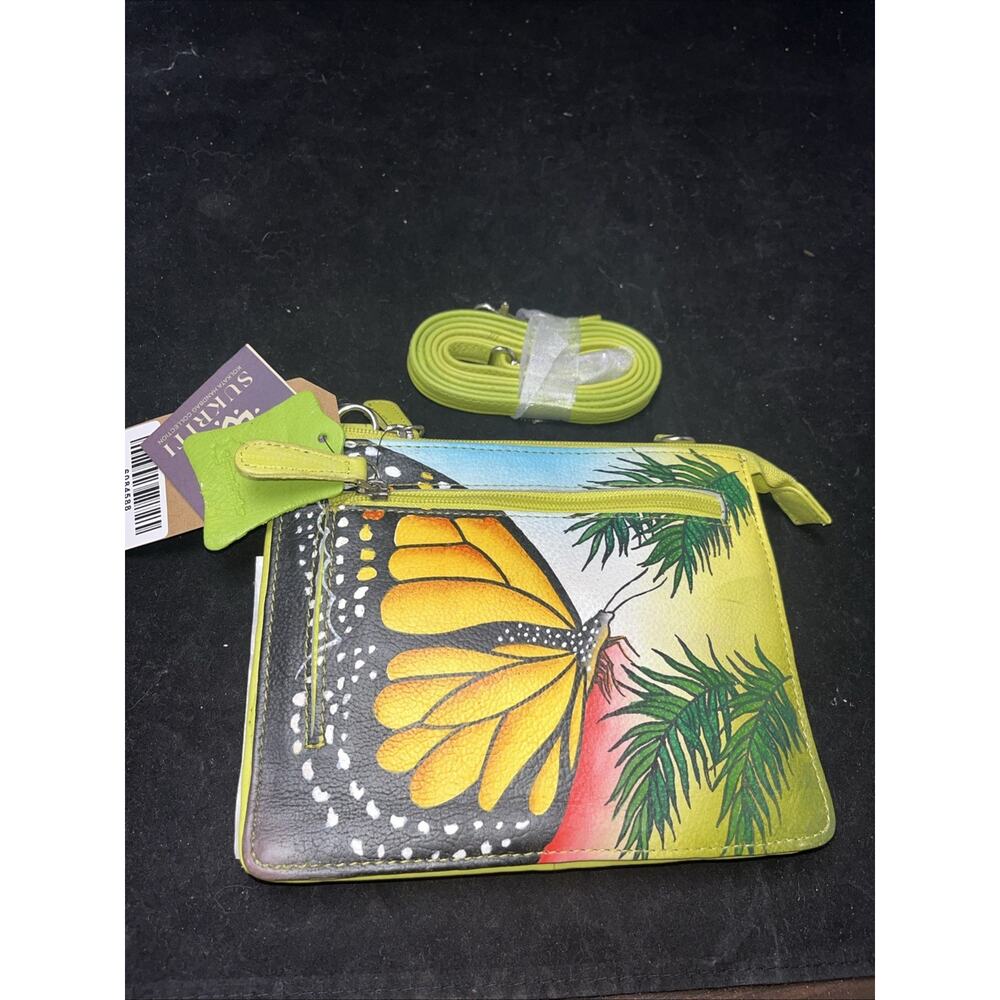 SUKRITI Green Butterfly Theme Hand Painted Genuine Leather 2in1 Crossbody